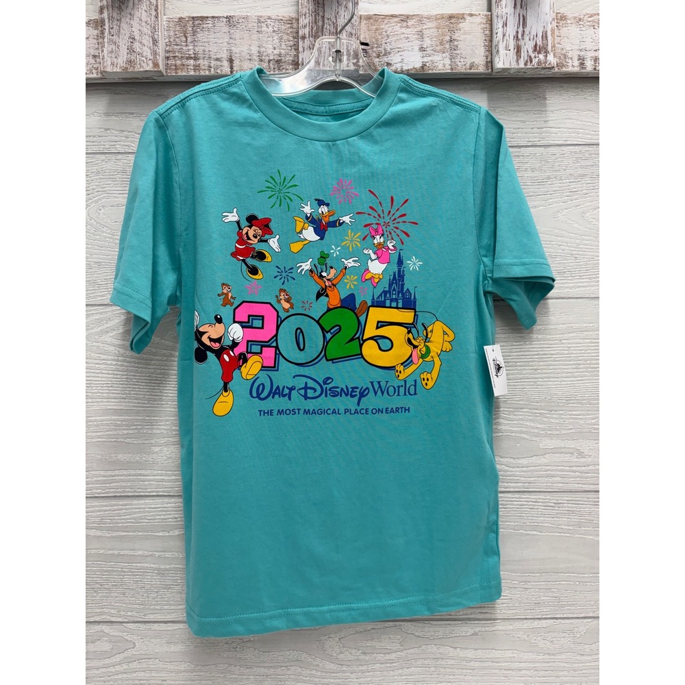 Disney World 2025 Mickey Mouse Friends Teal Blue Kids T-Shirt Size L 10/12 NWT